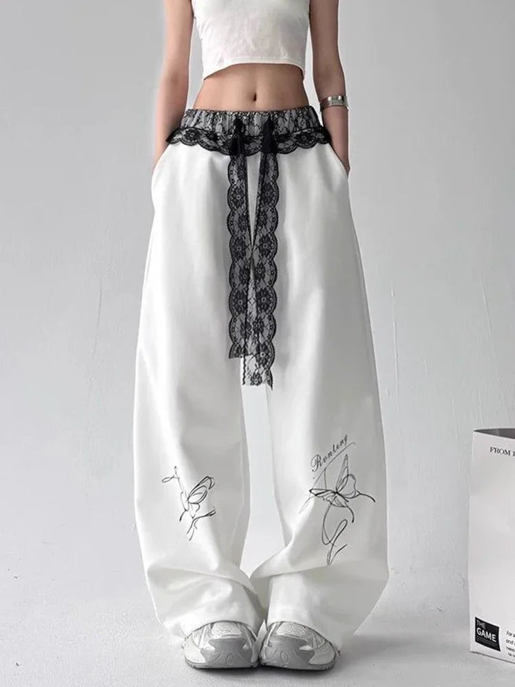 Vintage Bufferfly Y2K Sweatpants Women Loose High Waist Lace Patchwork Pants Streetwear Casual Bf Harajuku Trousers y2k pants