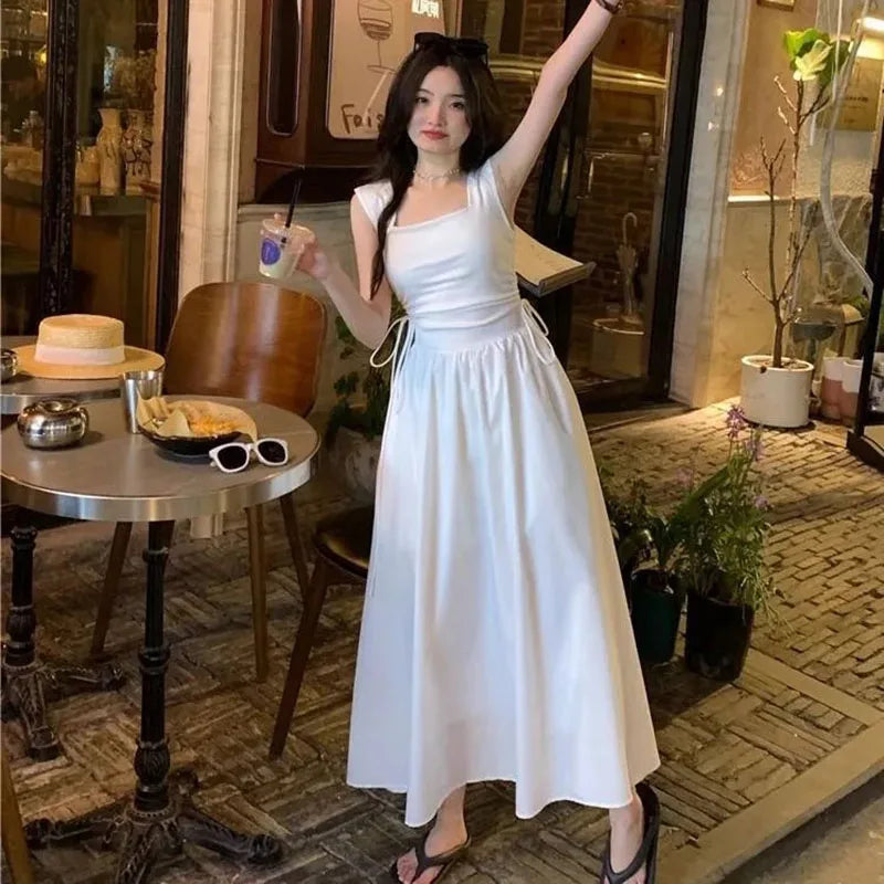 French Style White Suspender Dress Woman Korean Chic Drawstring High Waist Long Dresses Summer Sleeveless Square Collar Dress