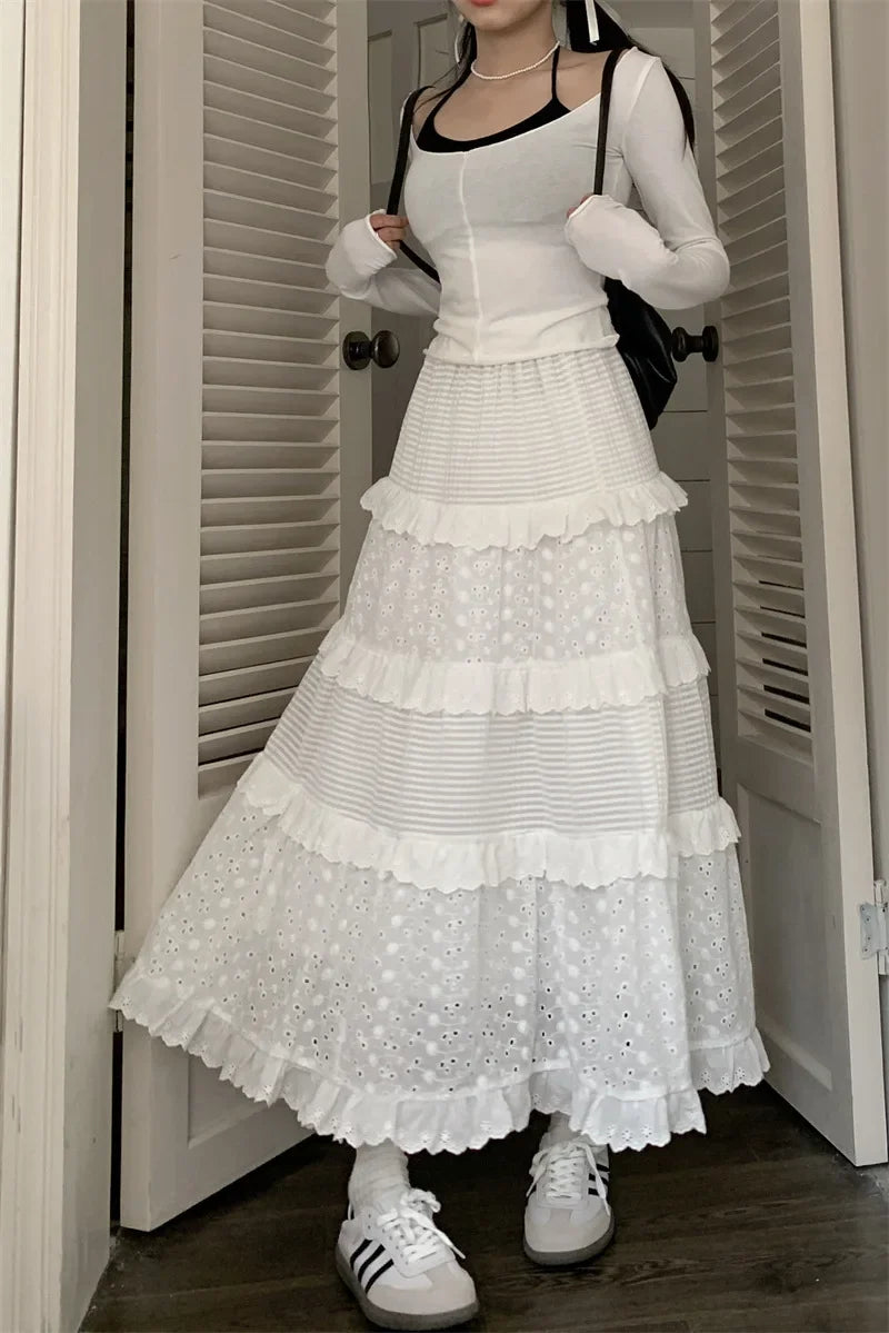 Plus Size Plus Size Women's White Lace Hollow out Splicing High Waist Half Skirt Cake Skirt Summer Fairy Tale Style Fashionab...