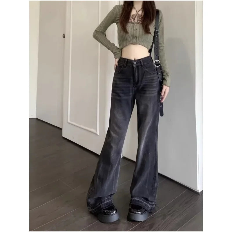 American Style Spicy Girl Jeans Women's Autumn Fringe Micro Flare Sensibility Loose Fit Straight Leg Wide Leg Pants Long Pants