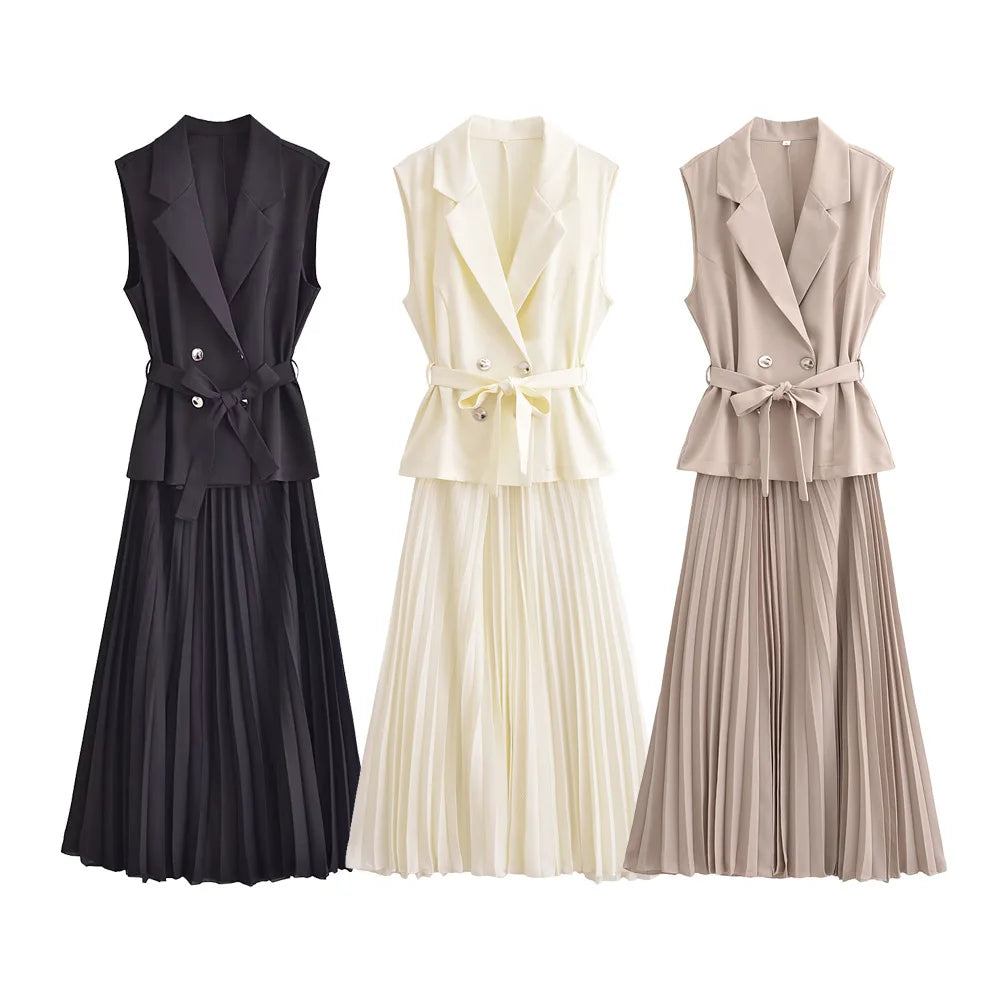 Women Pleated Vests Long Dresses for Women Work Office Lady  Sleeveless Office Party Dress Ruched Midi Evening Dresses