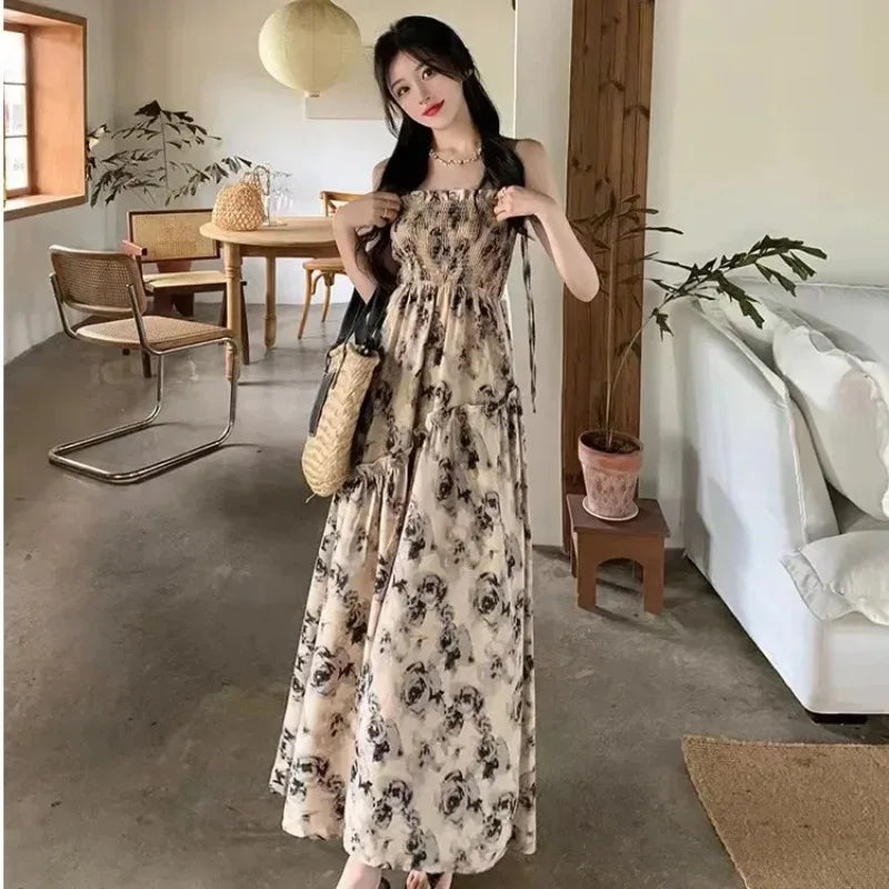 2025 Summer New Sweet Elegant Halter Dress Slash Neck Floral High Waist Pleats Long Dress Patchwork Holiday Style Boho Dress