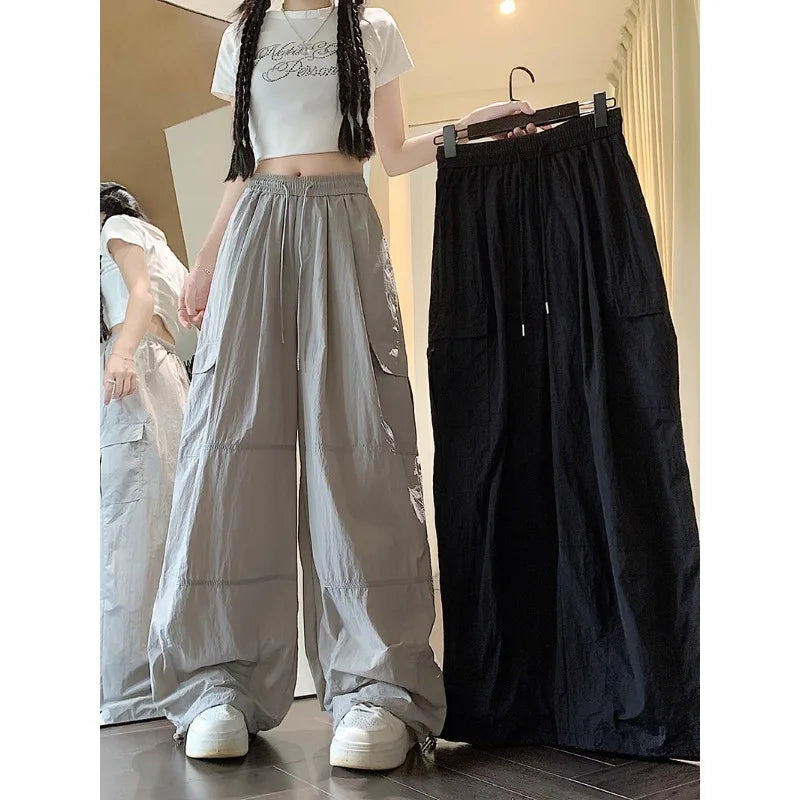 High Waist American Street Style Plus Size Women's Pants Solid Drawstring Cargo Pants Women Oversized Thin Summer New Trousers