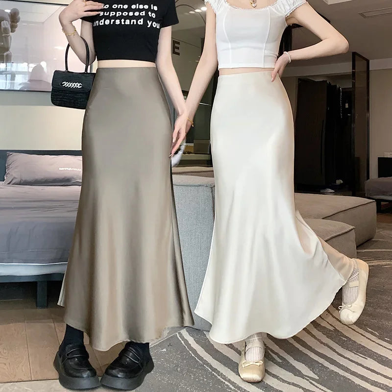 Plus Size High Waist Slimming French Vintage Satin Fish Tail Half Skirt Long Skirts Women plus Size Spring Summer New Style