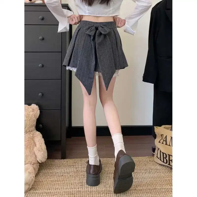 Plus Size Plus Size Grey Lace High Waist A- Line Pleated Skirt with Butterfly Knot Women's Fashionable Slimming Mini Skirt by...