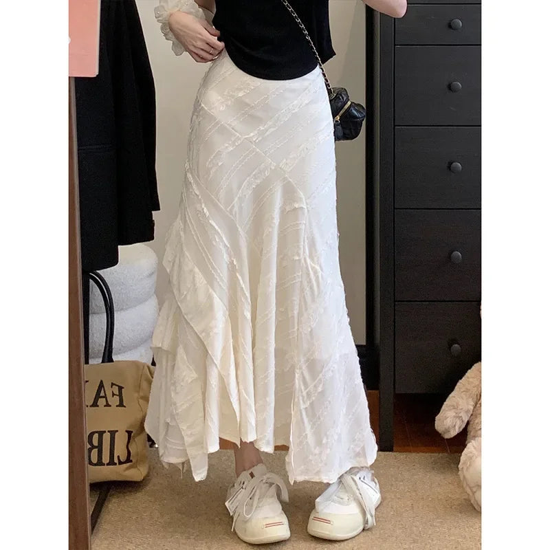 Plus Size Plus Size White Lace Splice Asymmetrical High Waist Side Slit Fish Tail Long Skirt Women's Fashion Spring Summer Au...