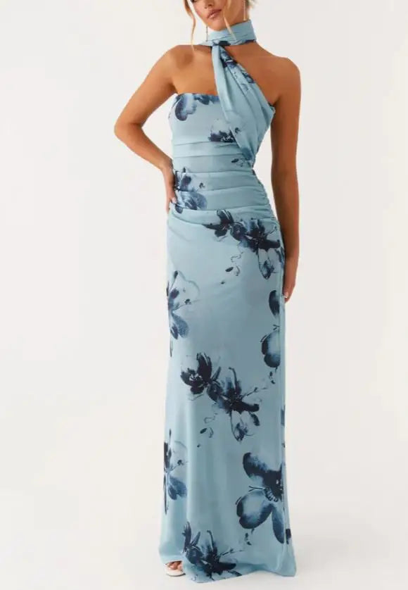 Women Long Dress Floral Print/Solid Color Tube Dress Summer Backless Casual Strapless Dress with Choker Scarf