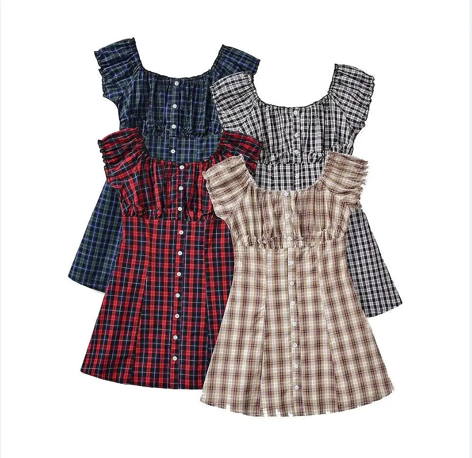 CHIC Contrast Color Plaid Open Buttons Slash Shoulder Mini Dress Women Short Sleeve Slim Waist Dresses Holiday Robe Femme
