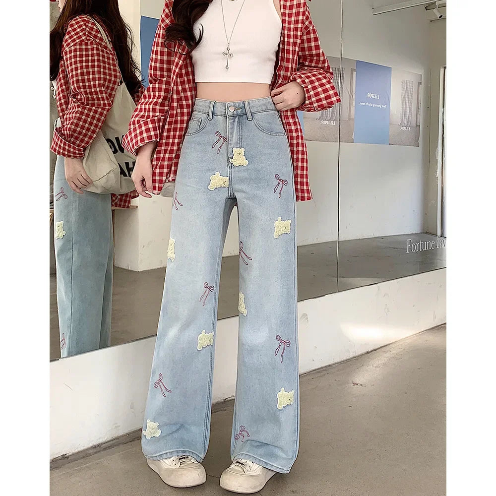 Heavy Embroidery Graffiti Bear Waist Wide Leg Pants Drapey High Waist Denim Jeans plus Size Spring Fashion Female Clothing
