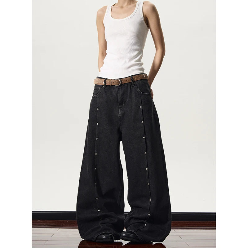 Spring Women's Casual Black Harajuku Jeans Y2K Wide Leg Baggy Punk Denim Trouser Vintage 2000s Aesthetic Emo Loose Washed Pants