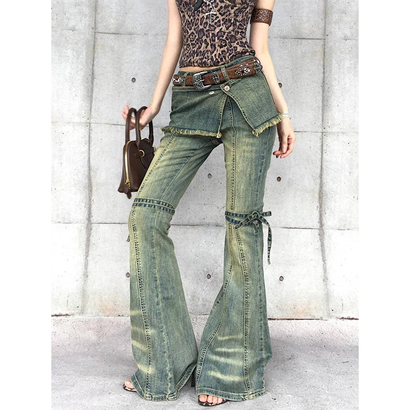 Women Vintage Blue Baggy Cargo Jeans Fake Two Piece Harajuku Y2k 90s Aesthetic High Waist Denim Trousers 2000s Oversize Pants