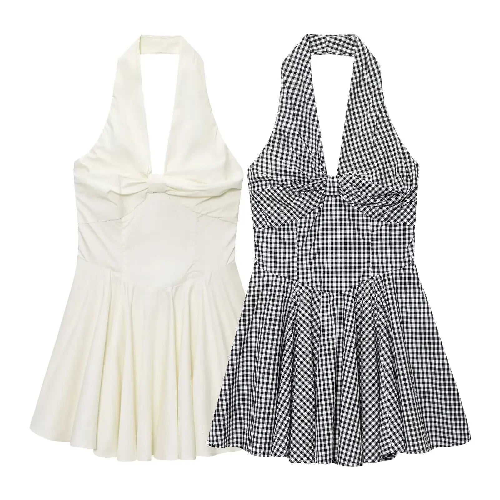 2025 Fashion Twisted Neck Hanging Bareback Pulling Dress Summer Women's New Women's Checkered Dress Retro Style Simple